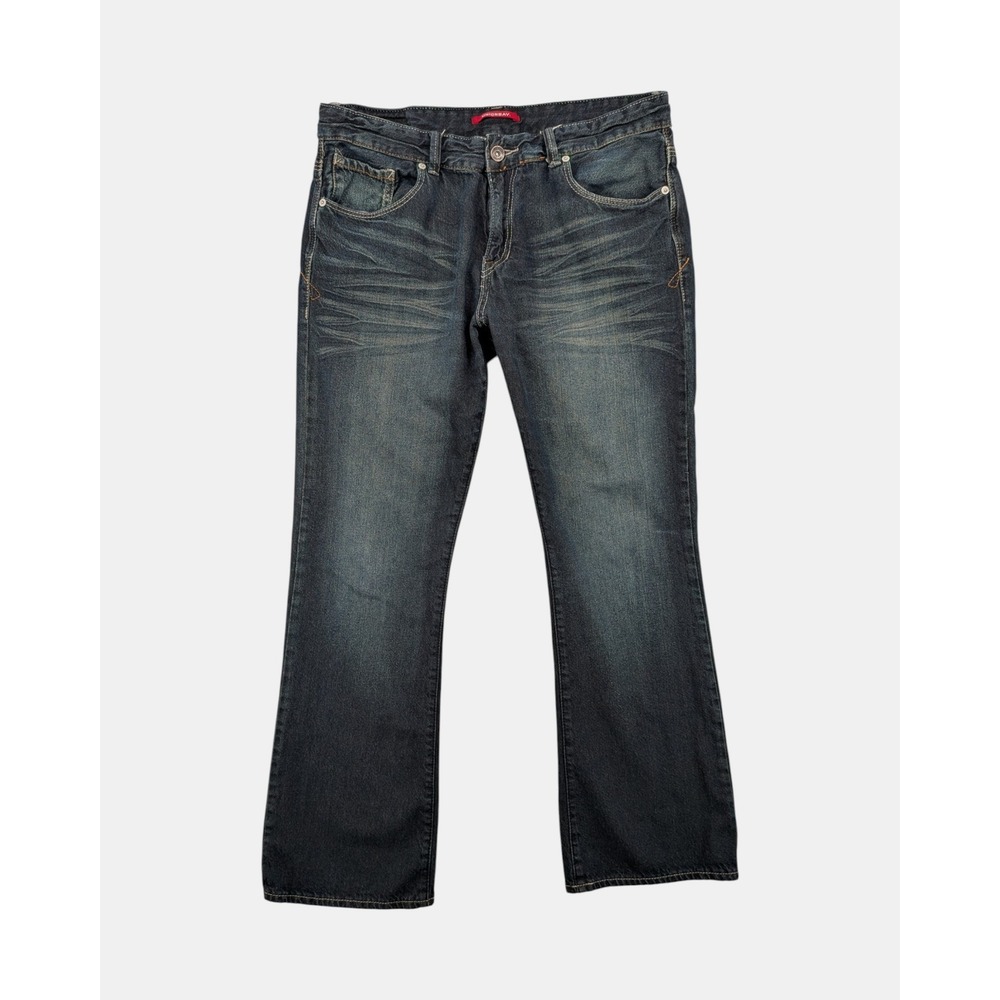 Y2K Unionbay Mens 36x32 Bootcut Jeans Dark Wash Faded Embroidered Pockets